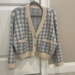 Blue and Cream Houndstooth Cardigan Sweater - Pull & Bear